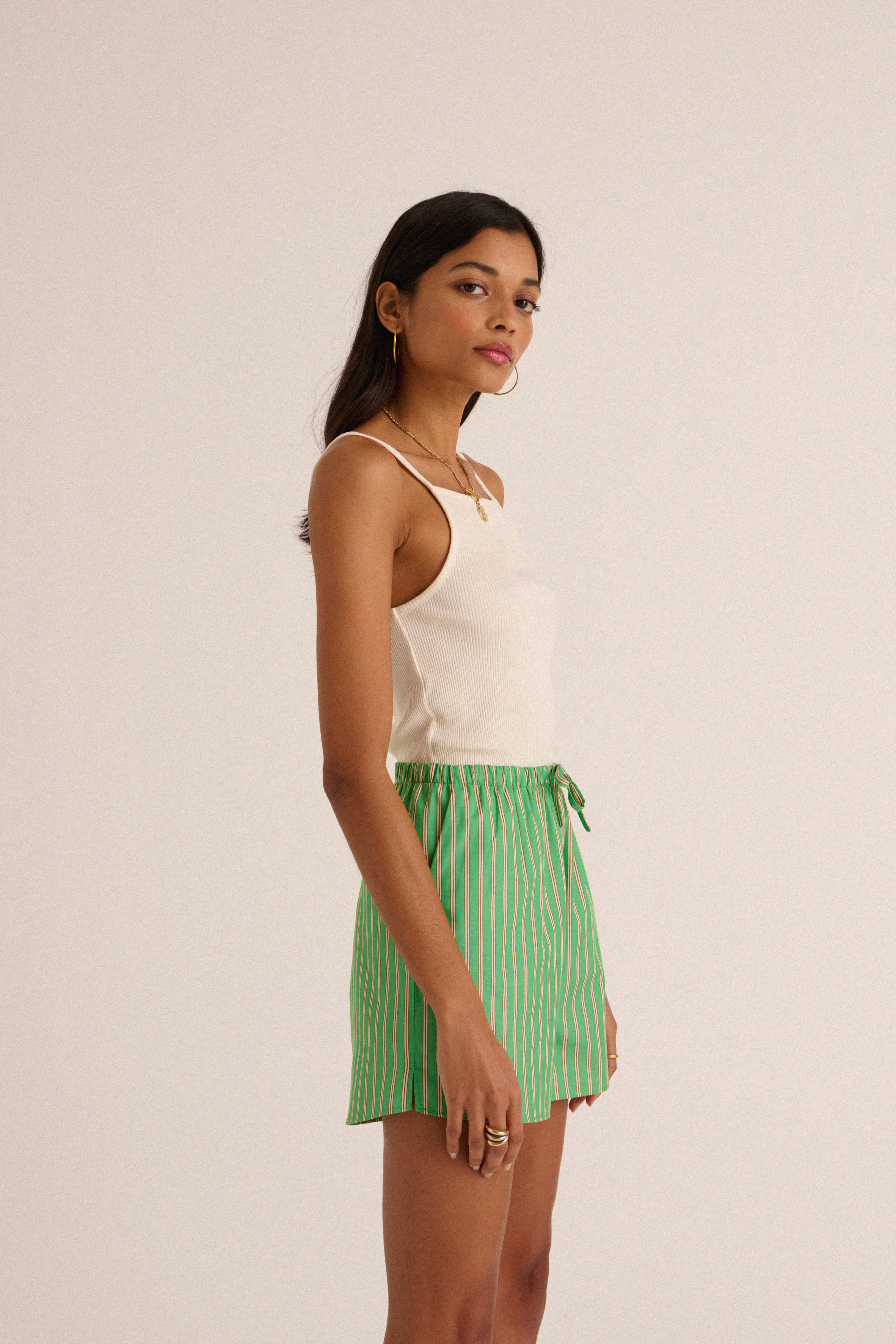 Green and yellow striped Lino shorts