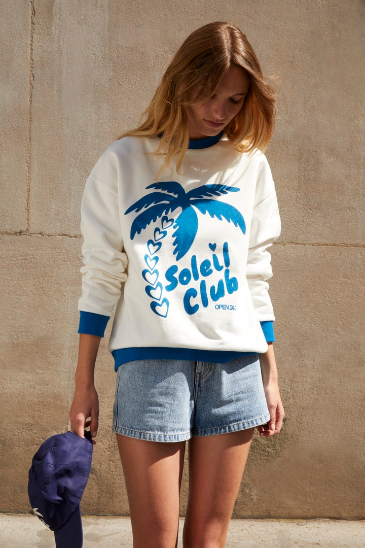 Blue and white Harlow Soleil Club sweatshirt