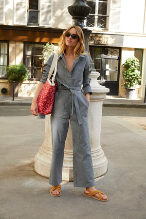 Destination jumpsuit with navy and white stripes