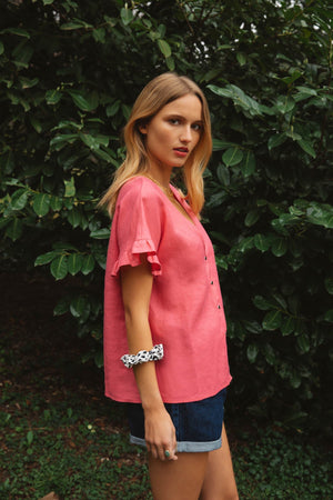 Chemise Calisson rose col V volants lin