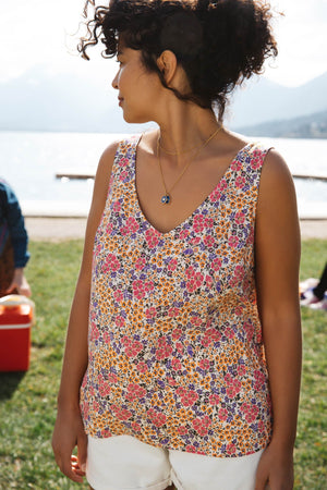 Top Max imprimé fleurs solaires décolleté dos viscose EcoVero OEKO-TEX