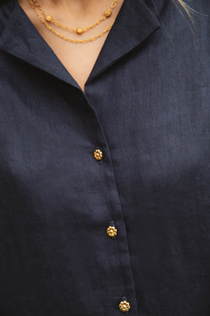 Chemise George marine lin français bouton fleur responsable OEKO