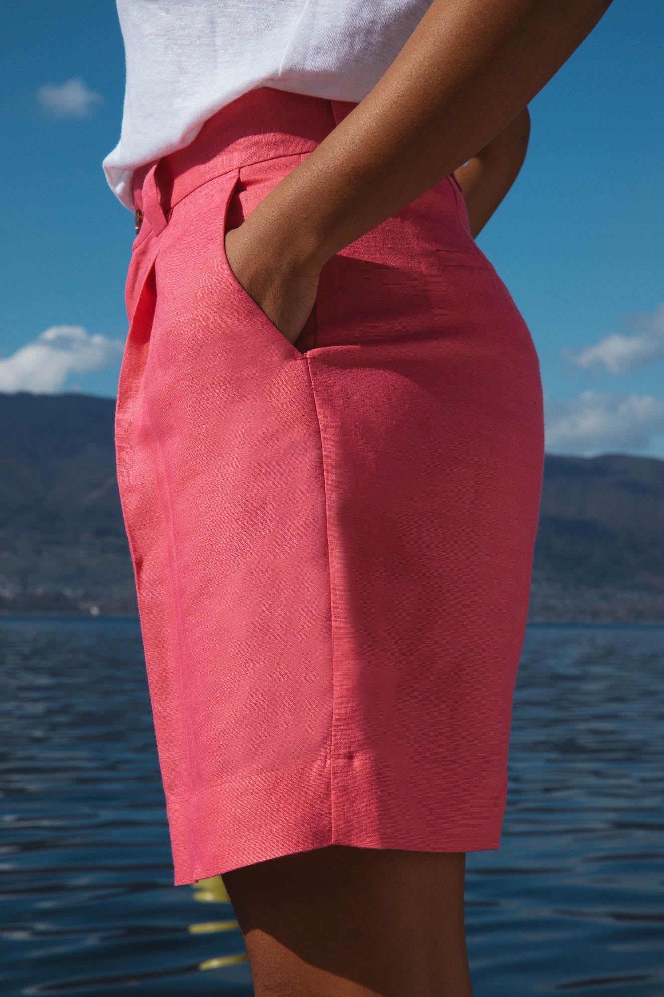 Bermuda Jeunesse rose poches bouton lin OEKO-TEX éco