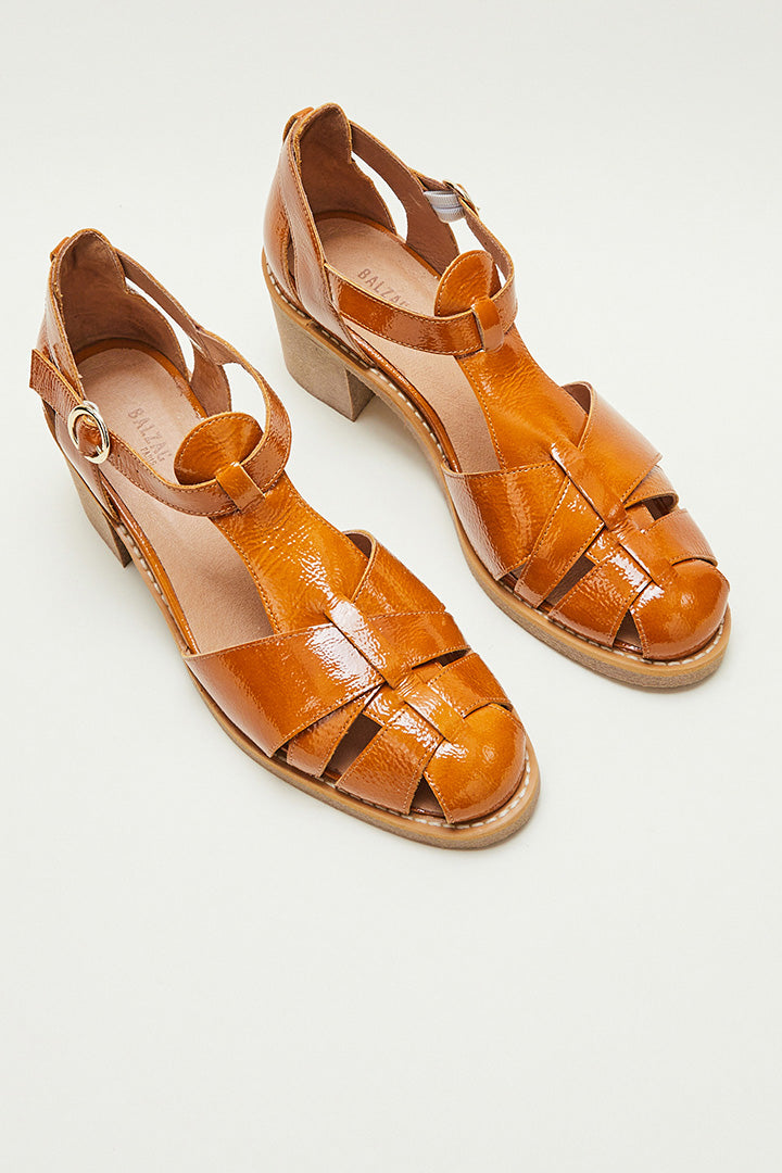 Corsaire mustard crumpled patent sandals