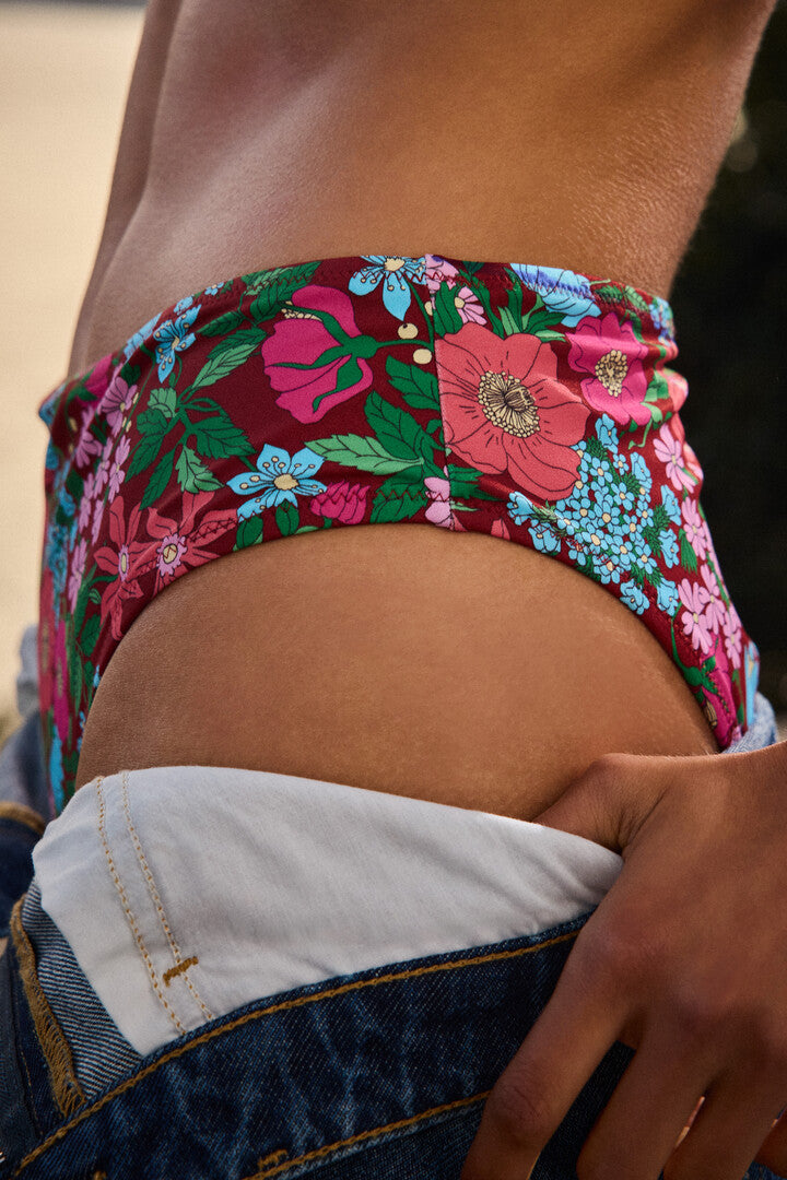 Aurelia Liberty print bikini bottoms in pink and burgundy