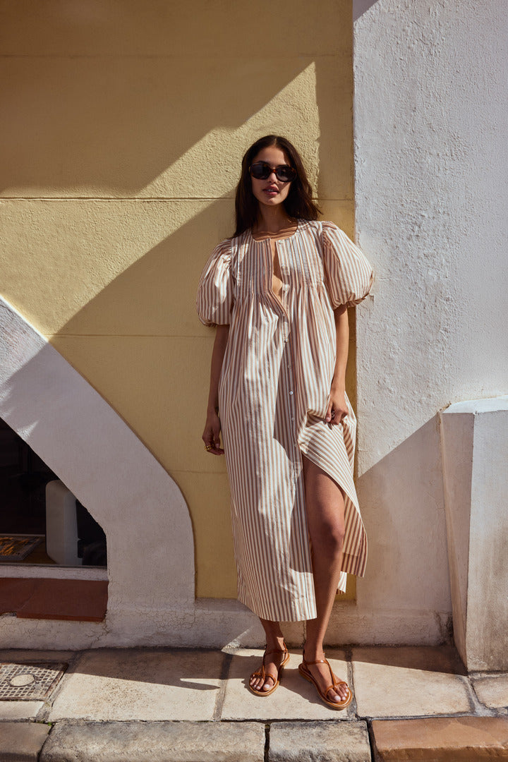 Dress Lavanda stripes orange, blue and ecru