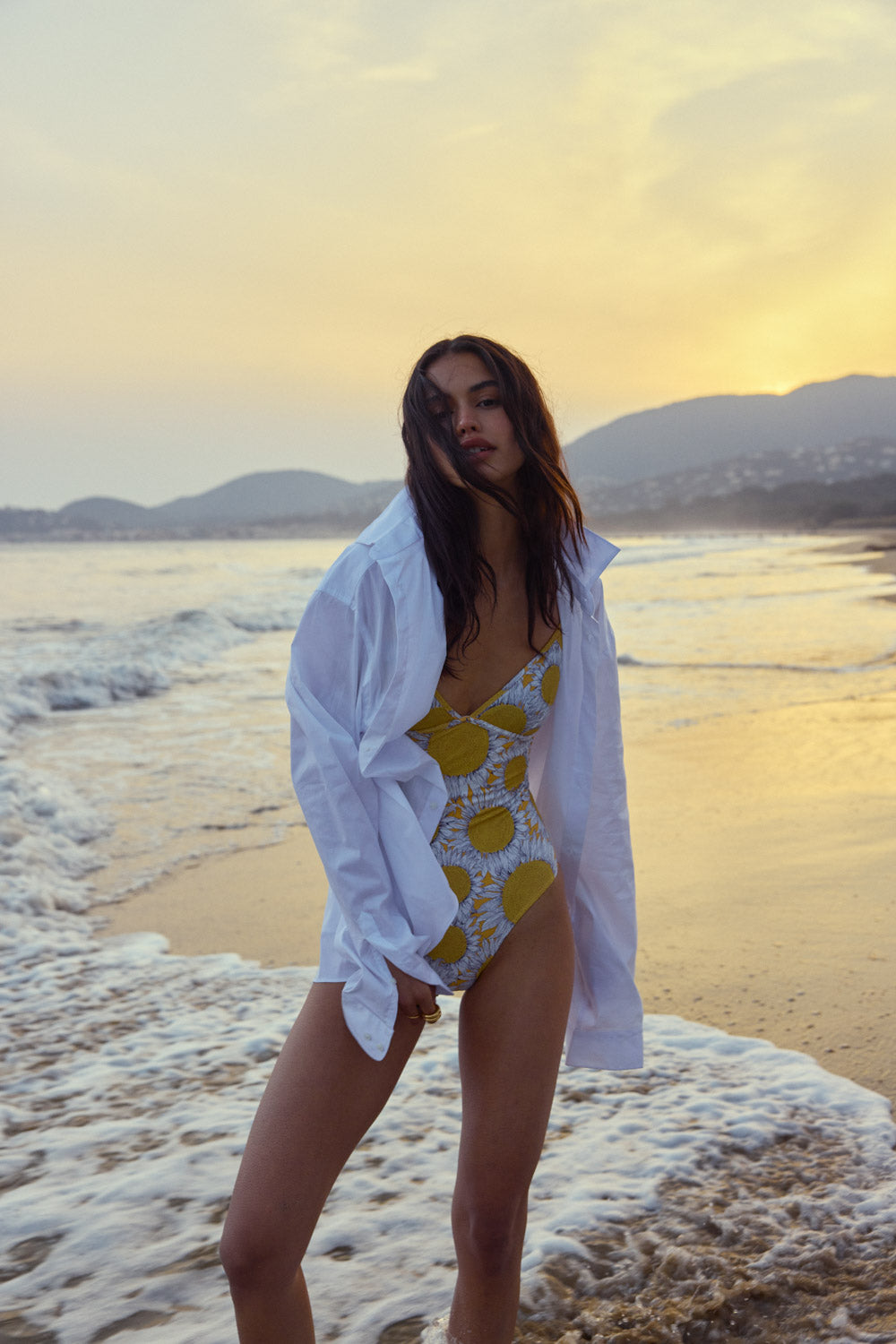 Aline swimsuit with yellow Liberty sunflowers print