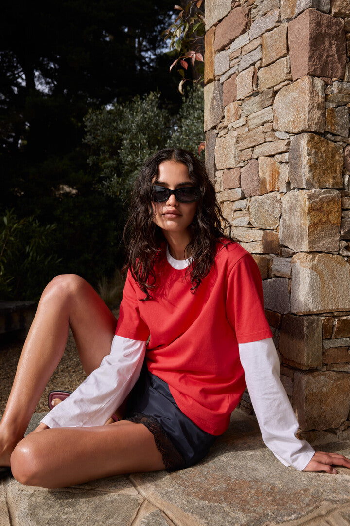 Bright red embroidered Bree T-shirt