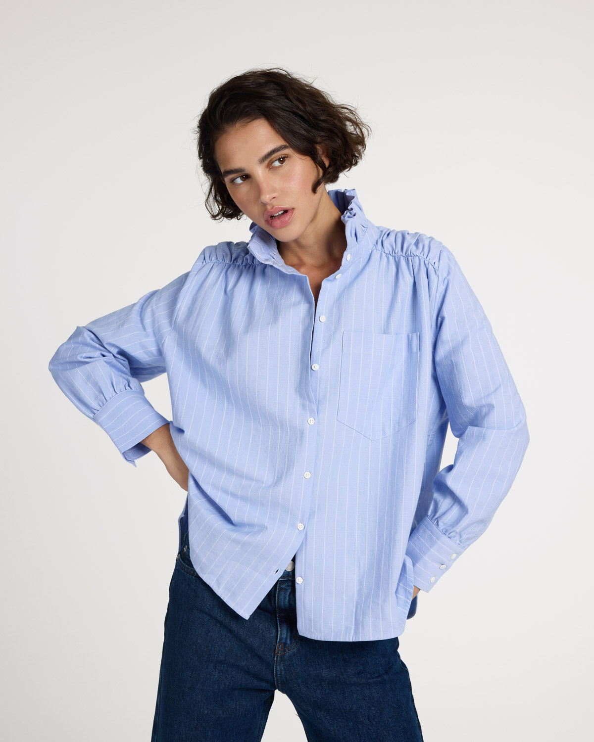 Chemise Léonor rayures bleu lavande et blanc