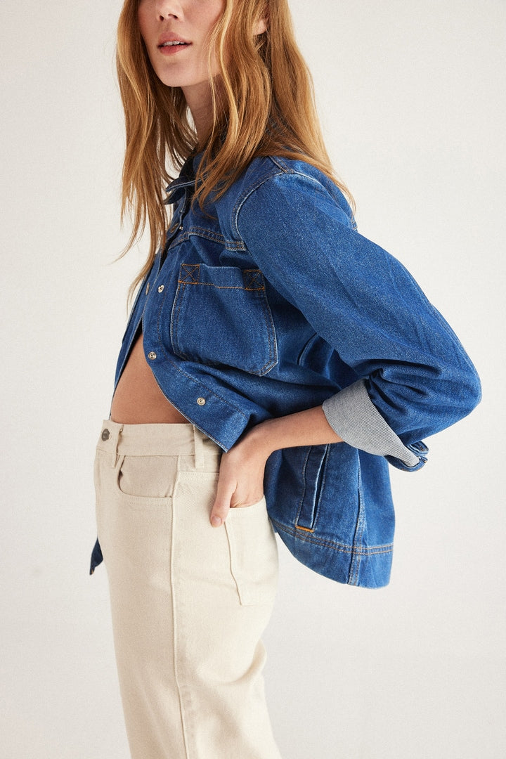 blue workwear jacket pockets organic cotton jeans woman