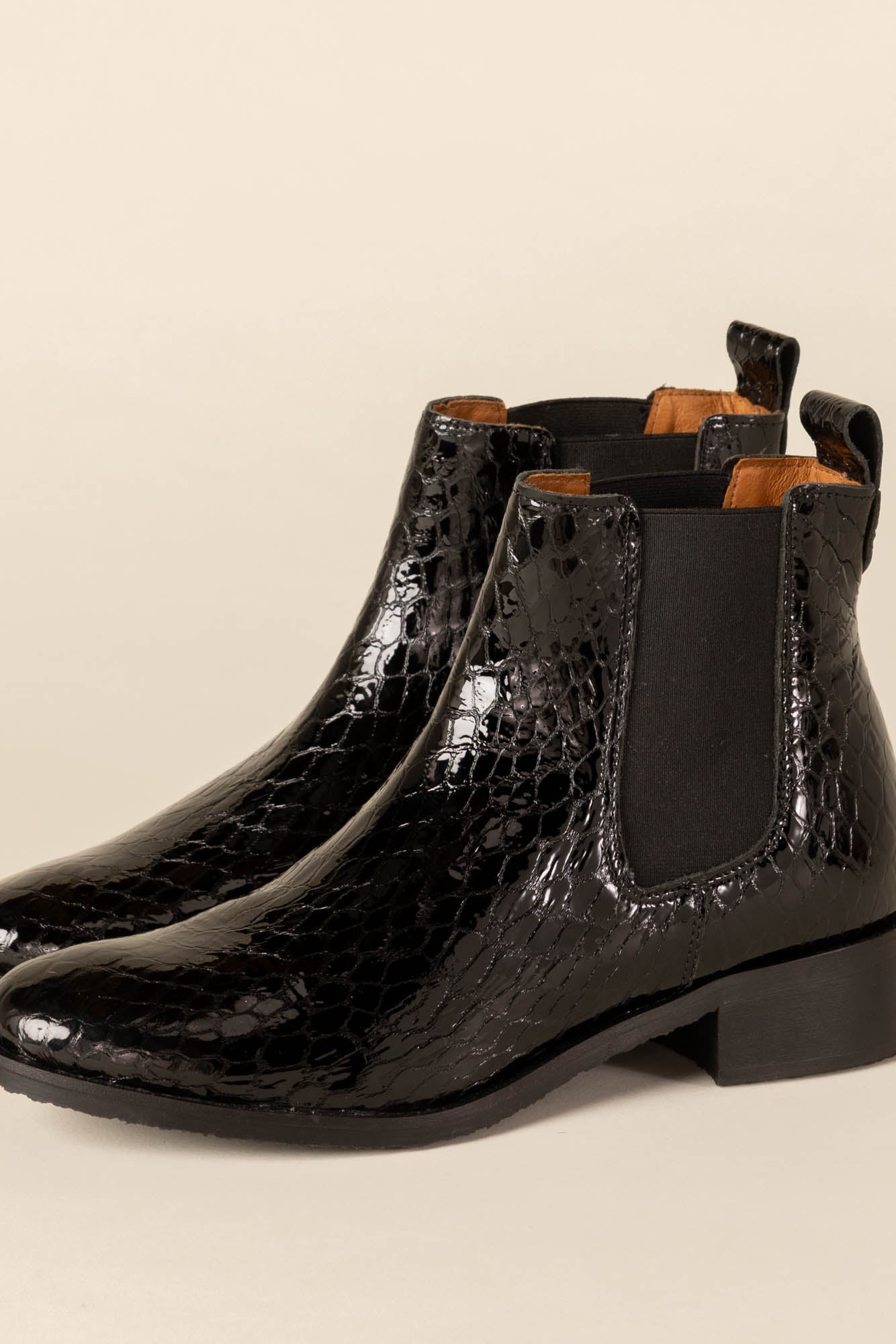 Josepha black embossed patent leather ankle boots