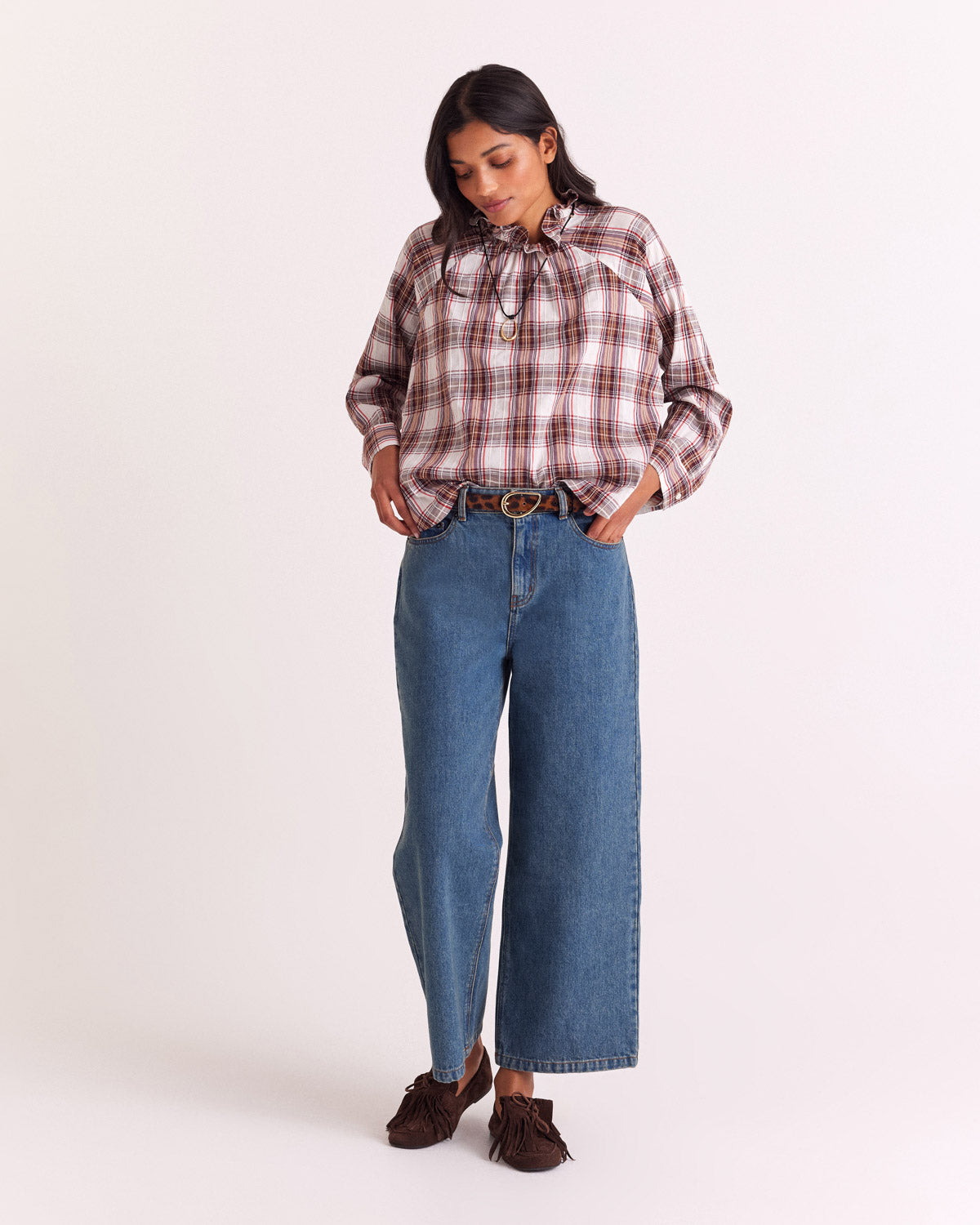 Zoelie red and beige tartan blouse