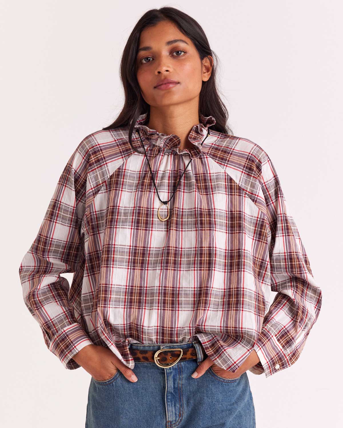 Zoelie red and beige tartan blouse