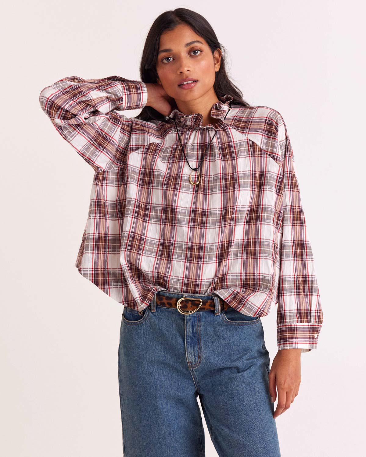 Zoelie red and beige tartan blouse