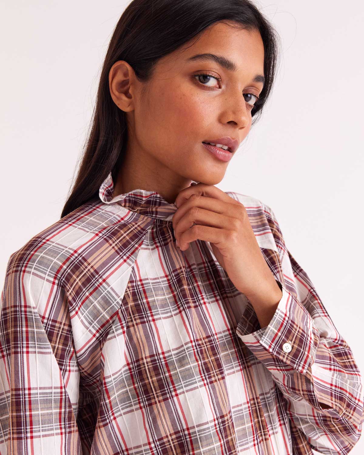 Zoelie red and beige tartan blouse