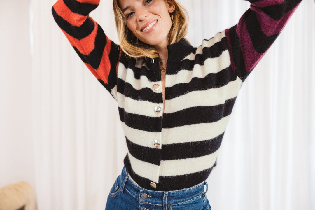 Cardigan Multicolore Crochet Main - Pull Bandes Colorées, Col V - Style Bohème, Décontracté
