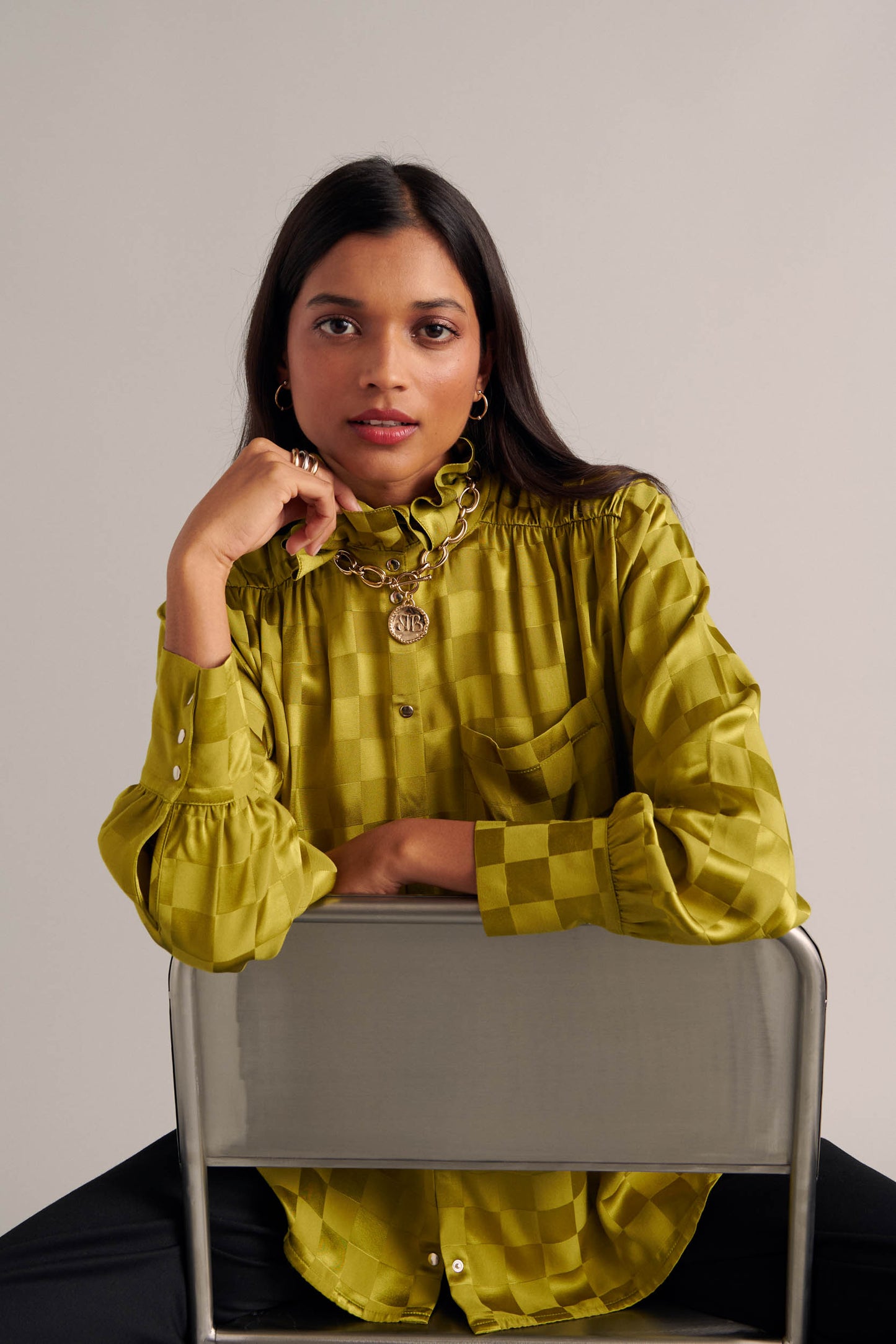 Leonor olive green checkered shirt