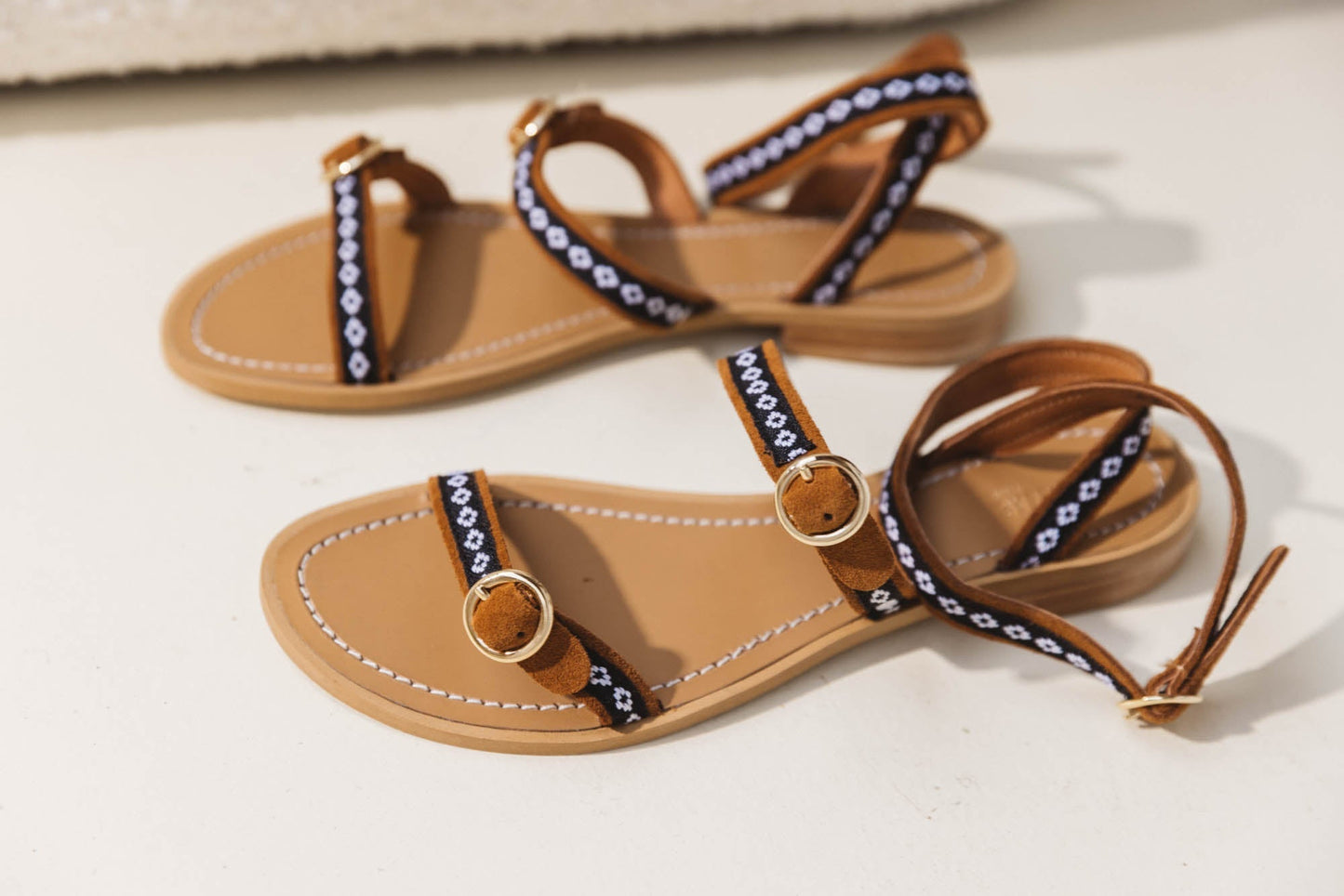 Elia camel sandals with embroidered braid