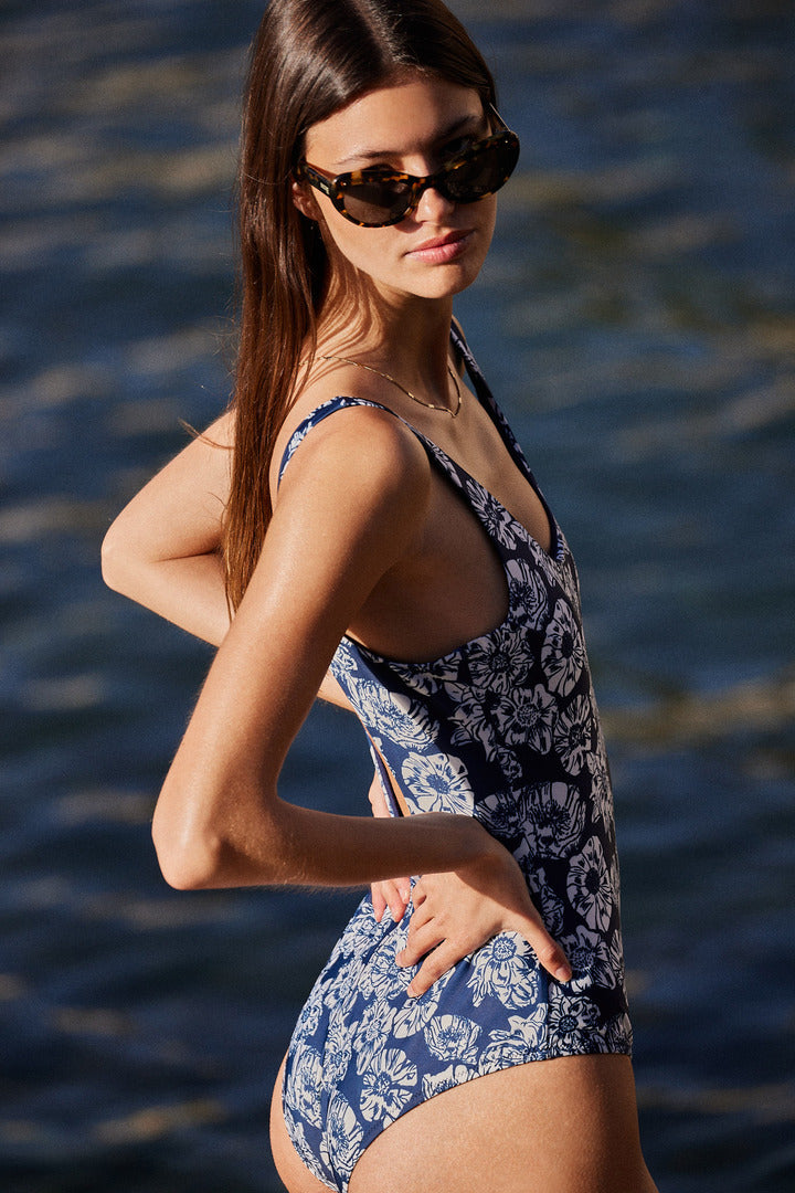 Swimsuit Emma printed flower party navy and ecru