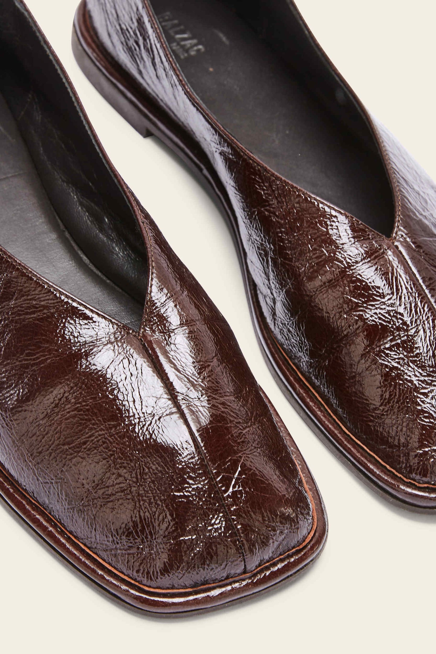 Elise chocolate crinkled patent leather ballerinas