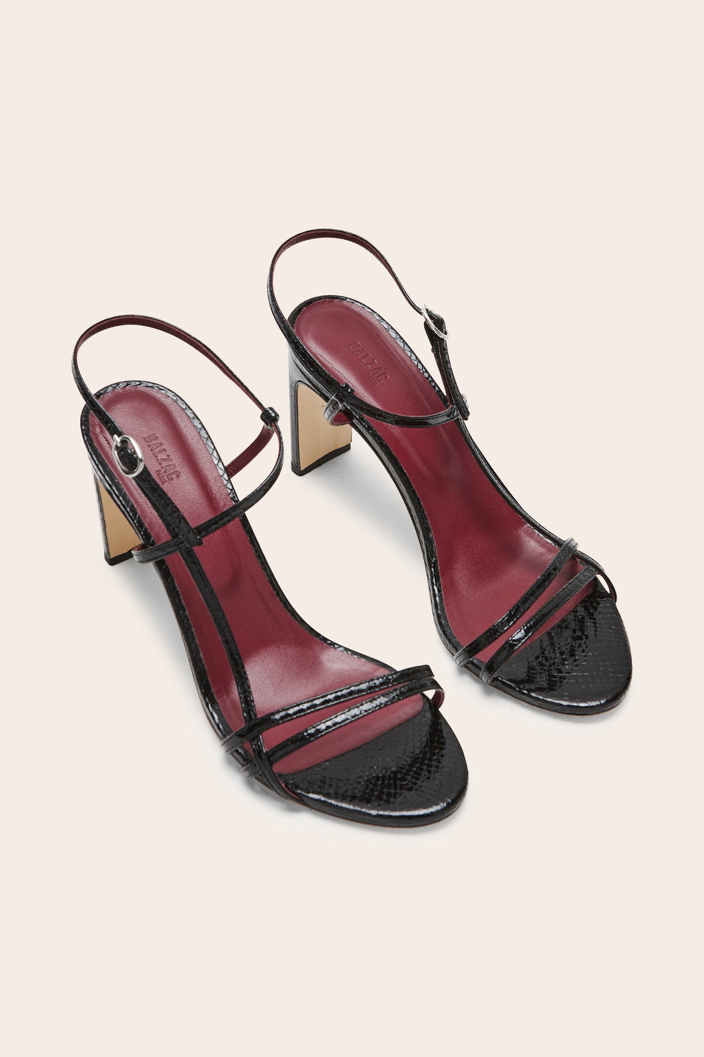 Cornelia sandals in black embossed patent leather