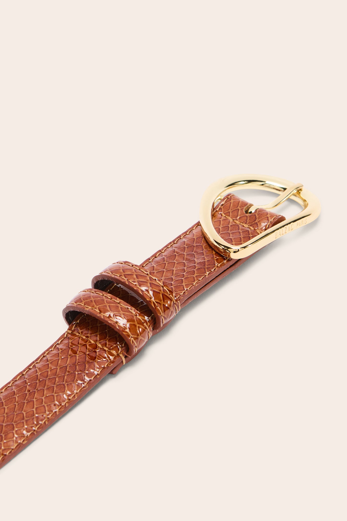 Basma embossed camel patent leather belt