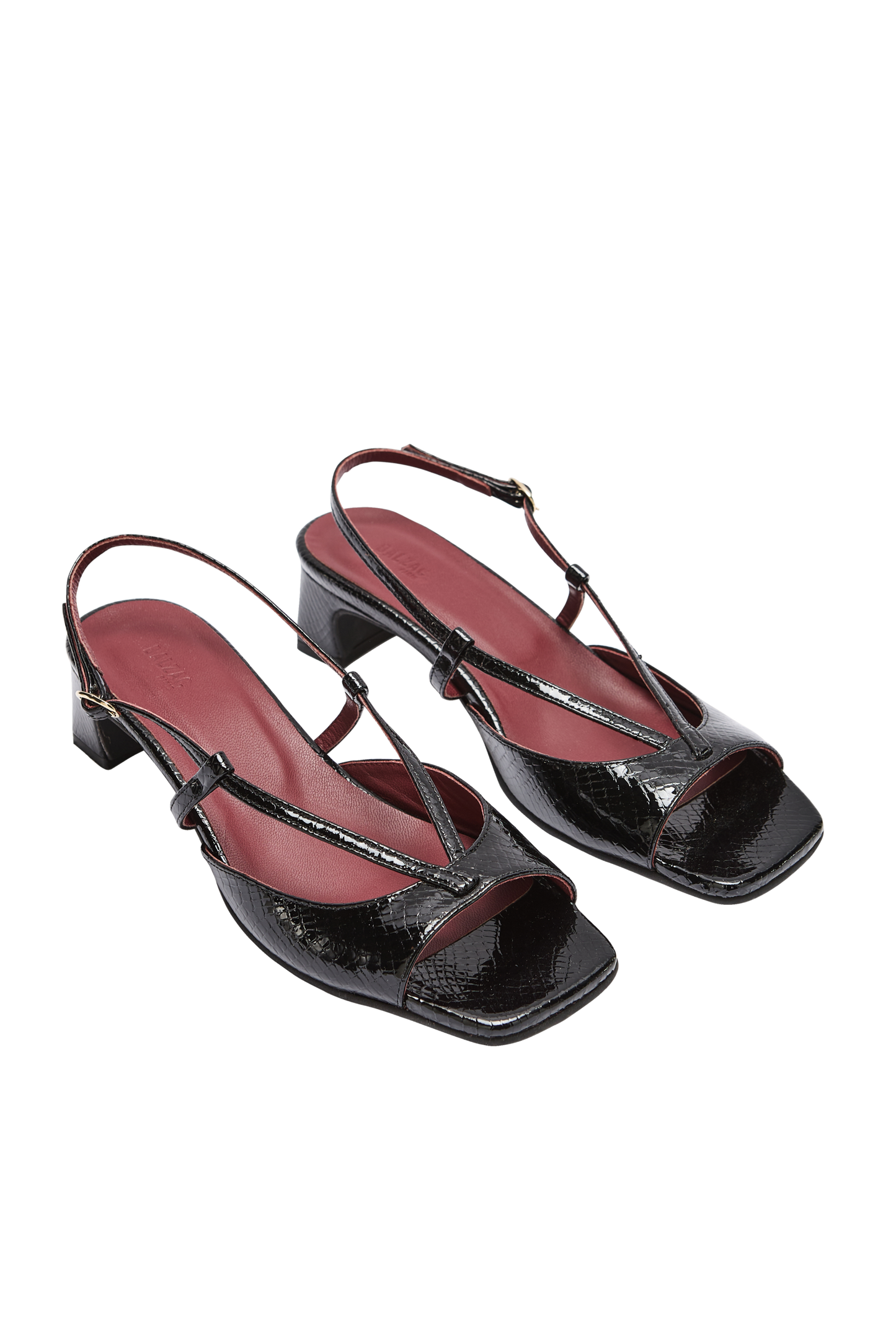 Black embossed patent leather Tella sandals