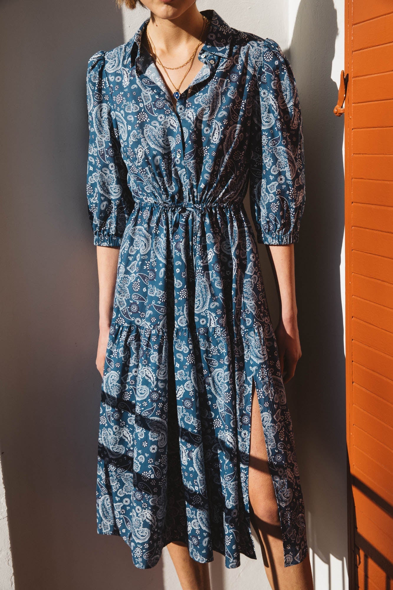 Dress Galante bandana blue mother-of-pearl button slit organic cotton  OEKO-TEX - Balzac Paris