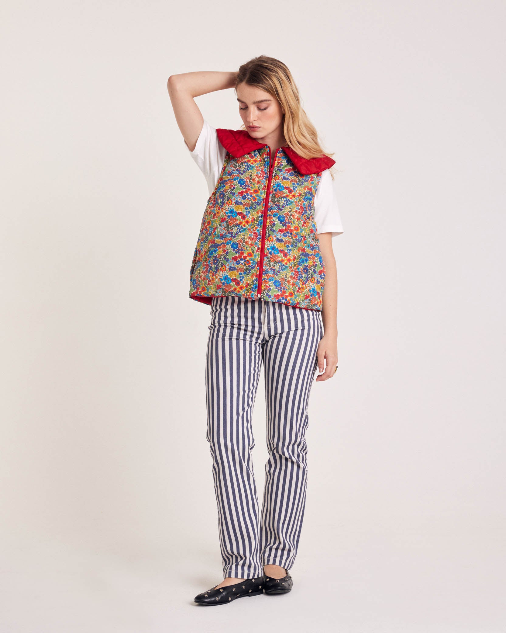 Jacket Cali red and in fabric Liberty blue and yellow
