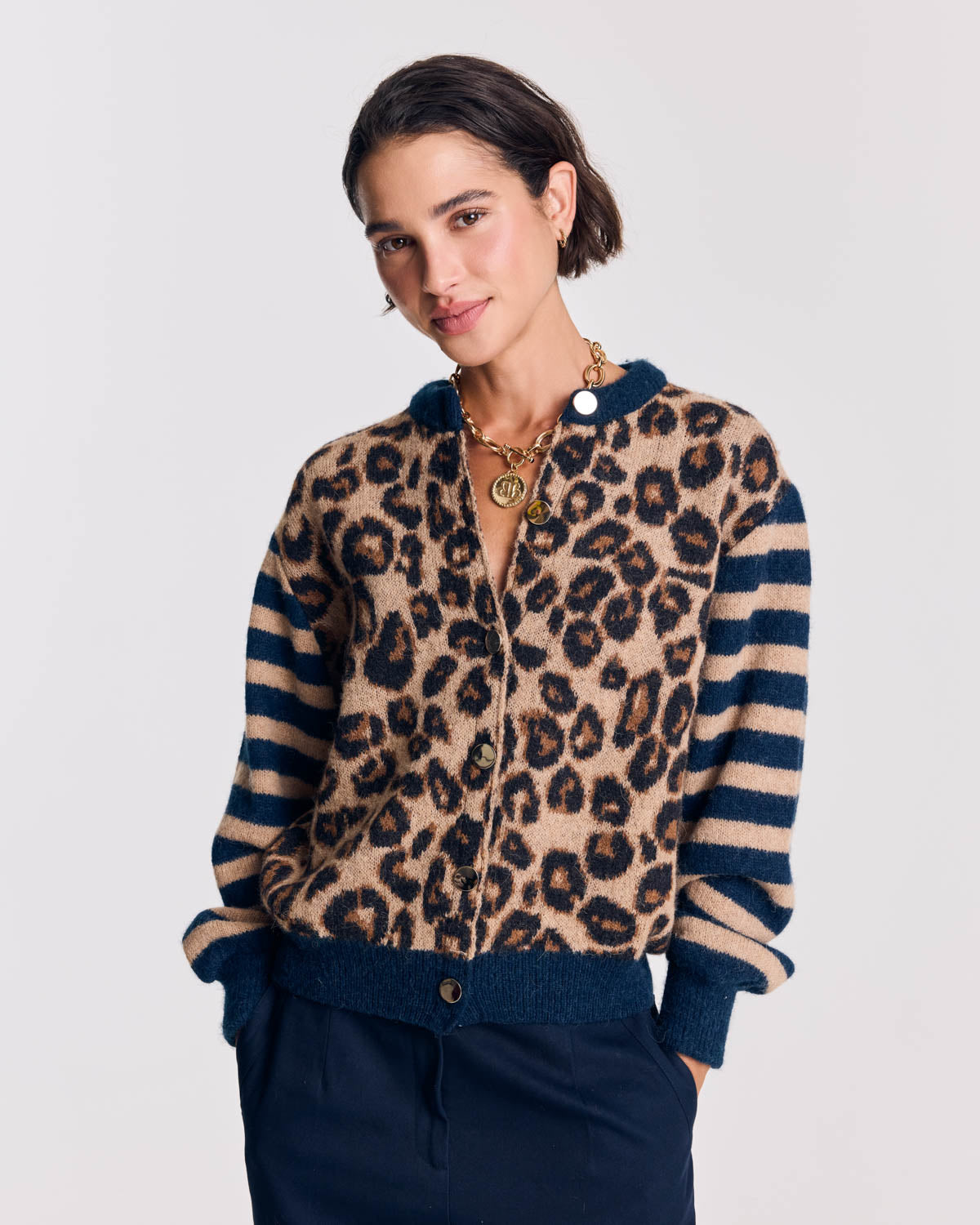 Cardigan Idole bleu et léopard