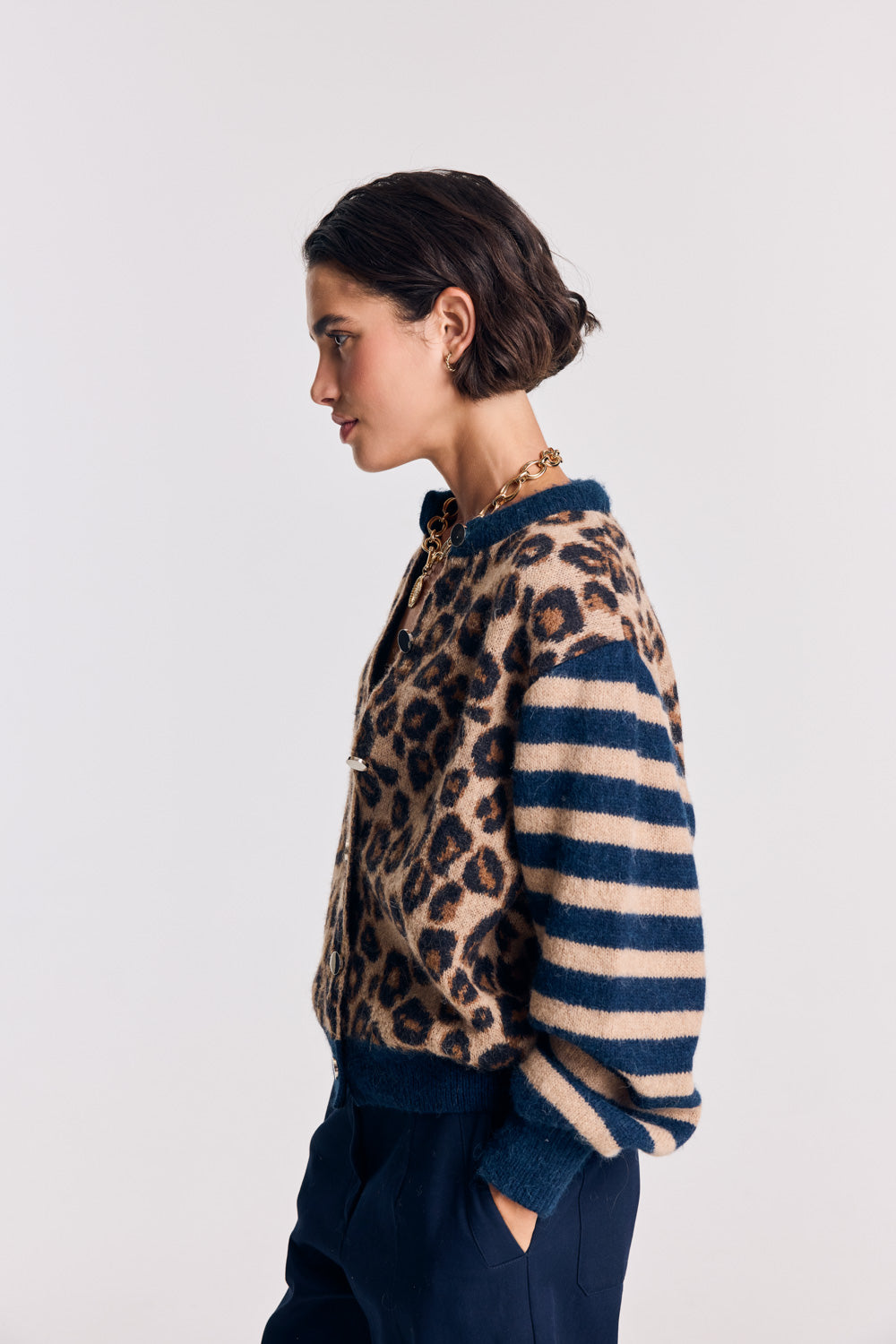 Cardigan Idole bleu et léopard