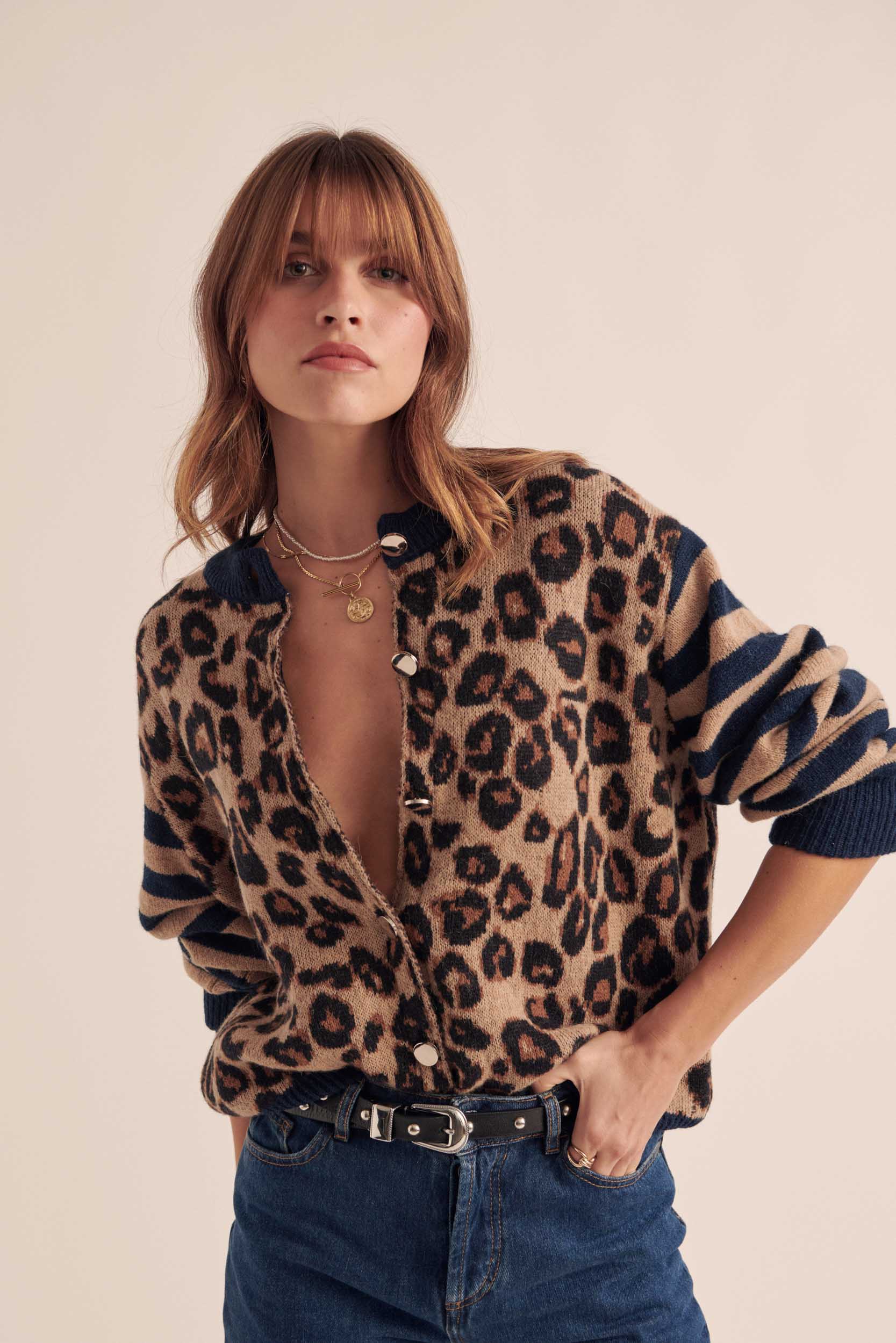 Cardigan Idole blue and leopard
