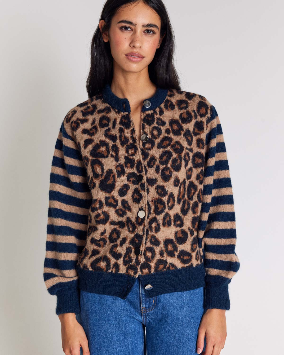 Cardigan Idole blue and leopard