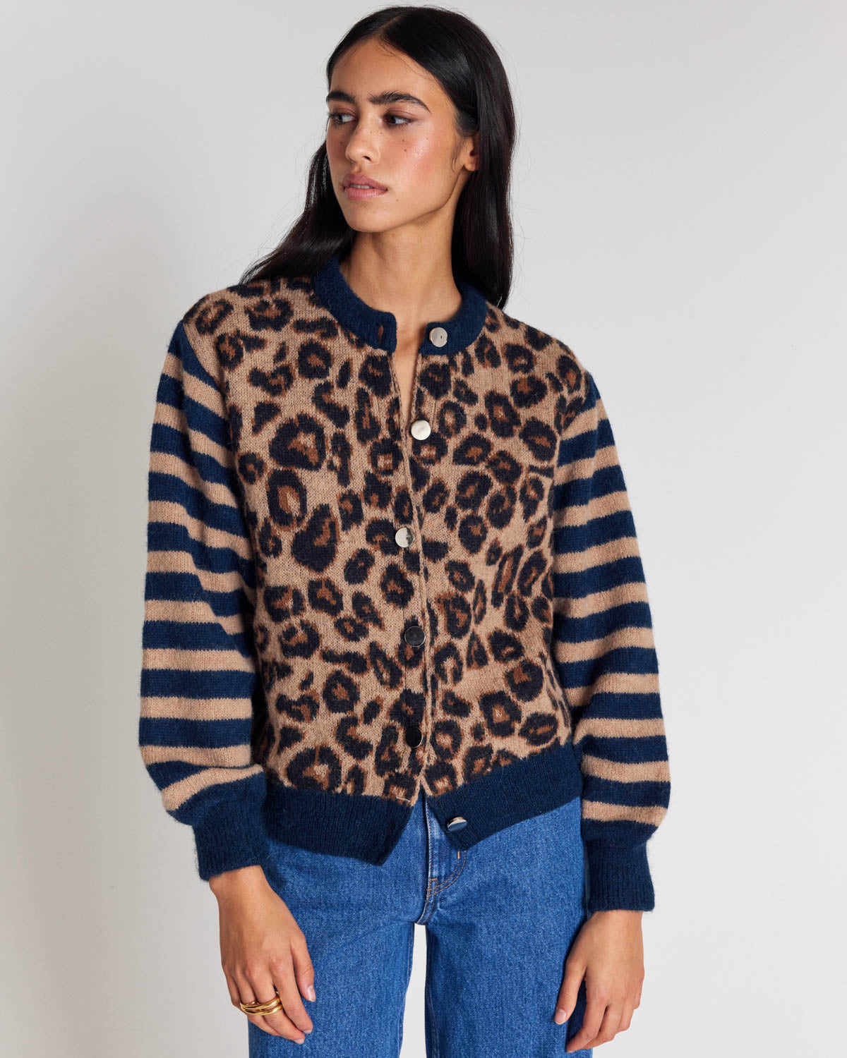 Blue and leopard striped Idole cardigan