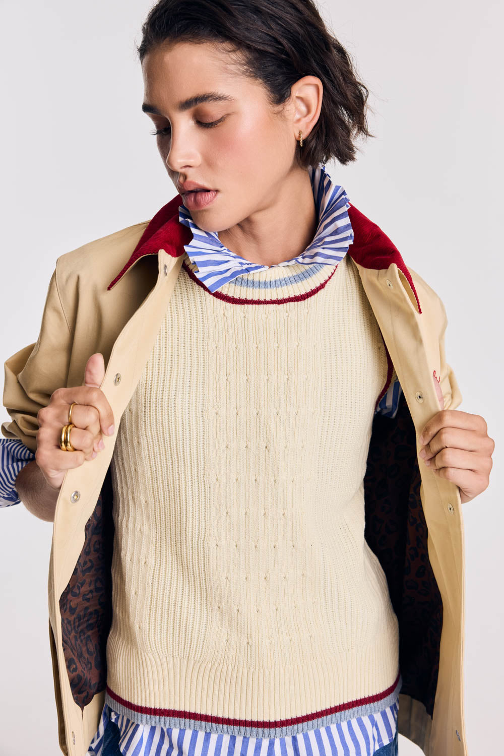 Ecru Pearl sweater with blue and red trim
