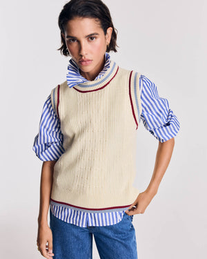 Pull Perle écru liseré bleu et rouge