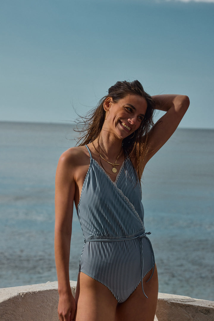 Swimsuit Roman at stripes sky blue and ecru