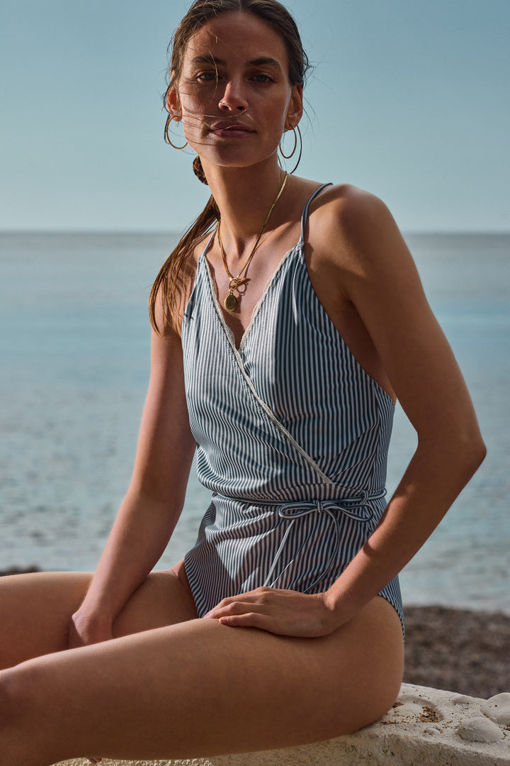 Swimsuit Roman at stripes sky blue and ecru