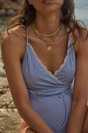 Roman swimsuit with sky blue and ecru stripes