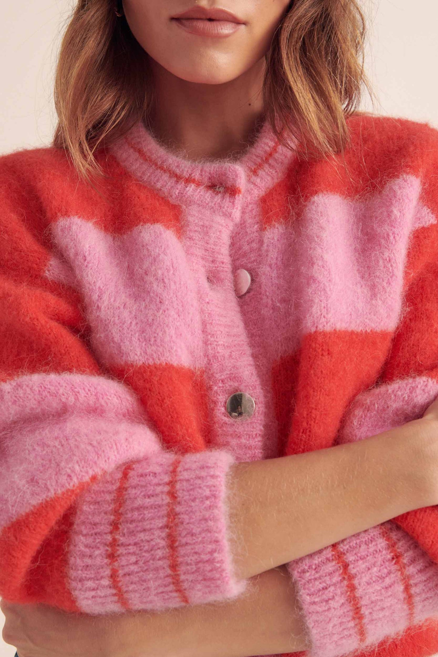 Cardigan Douceur rayures rose et rouge