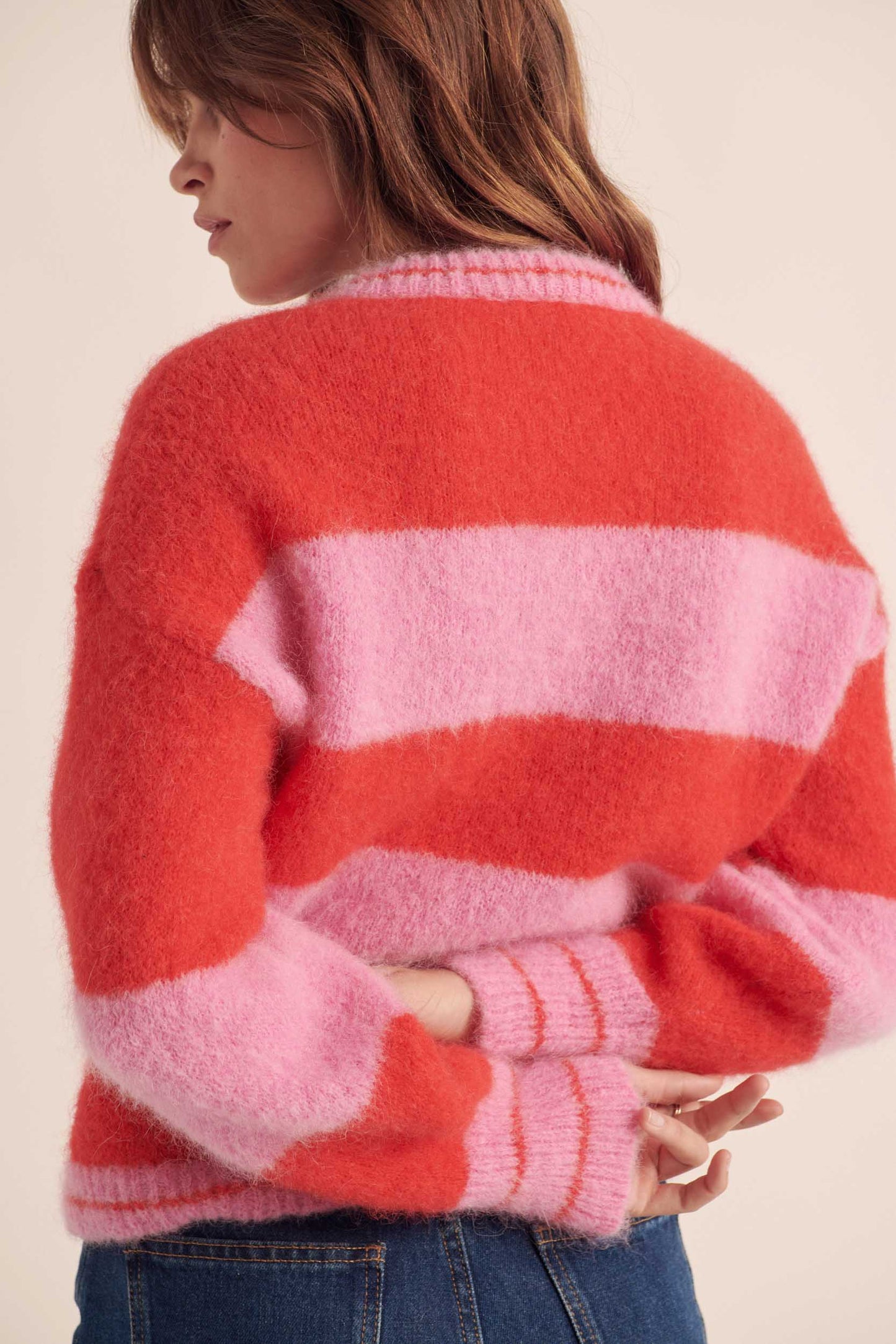 Cardigan Douceur rayures rose et rouge