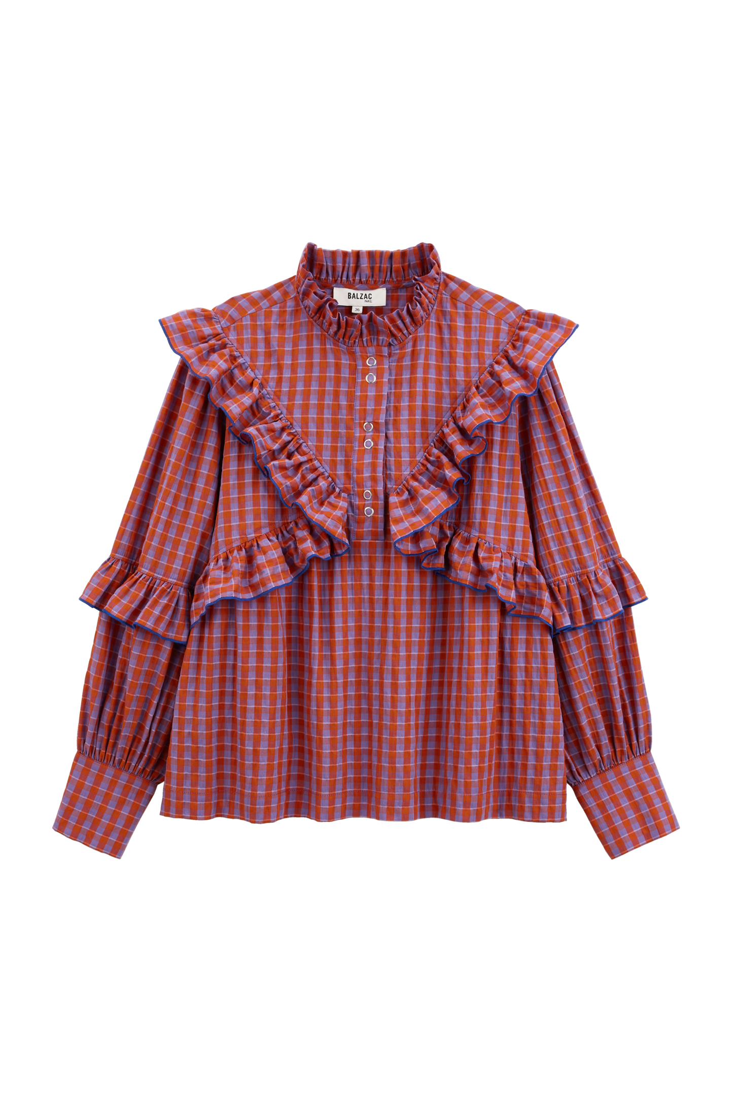 Amelia orange and purple gingham blouse