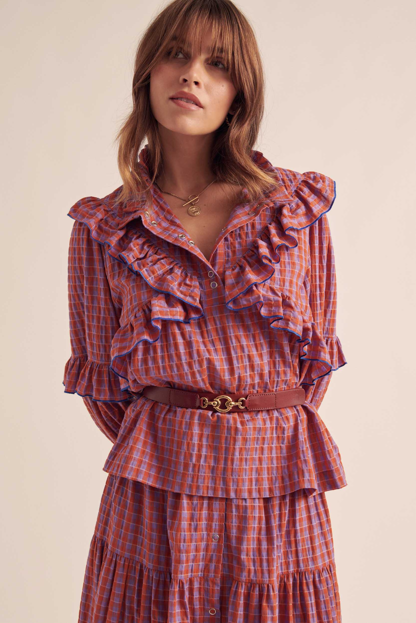 Blouse Amelia gingham orange and purple