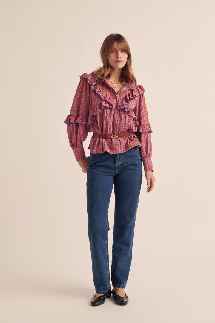 Blouse Amelia gingham orange and purple