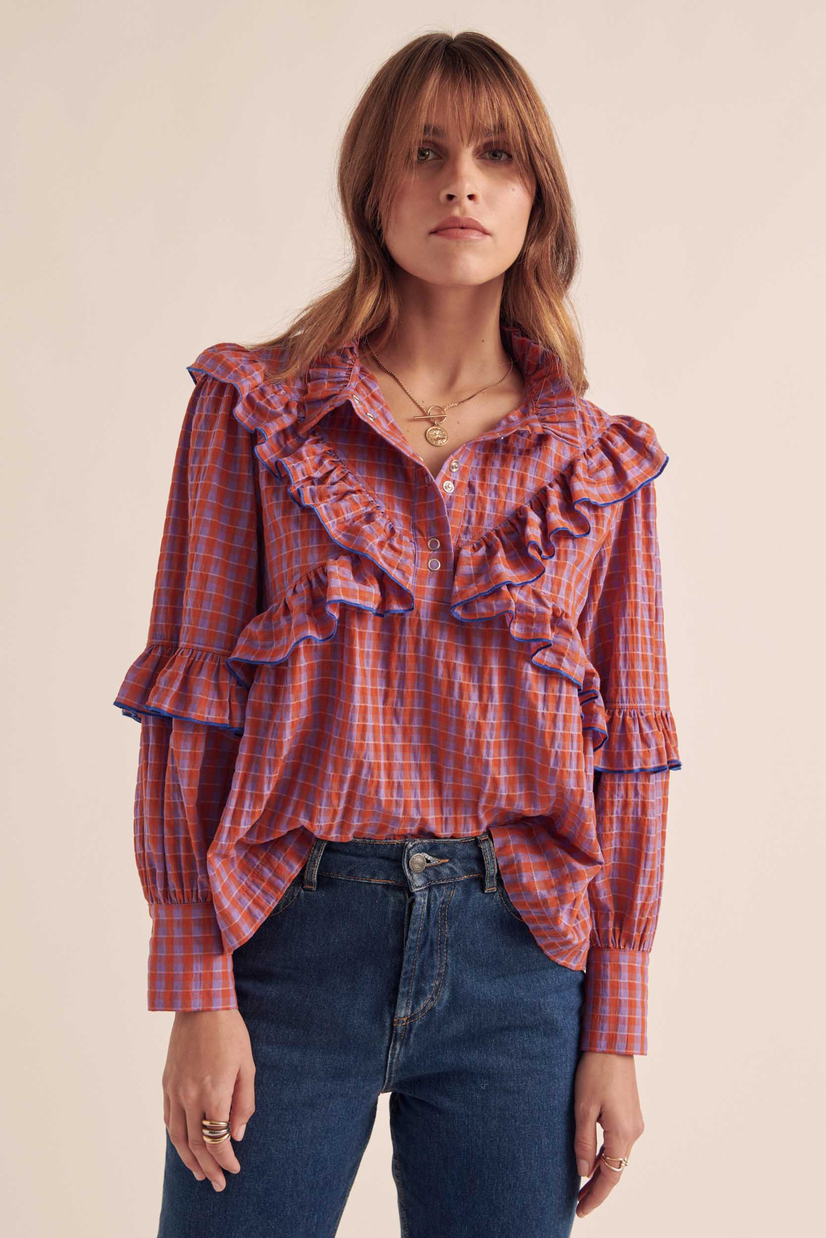 Blouse Amelia gingham orange and purple