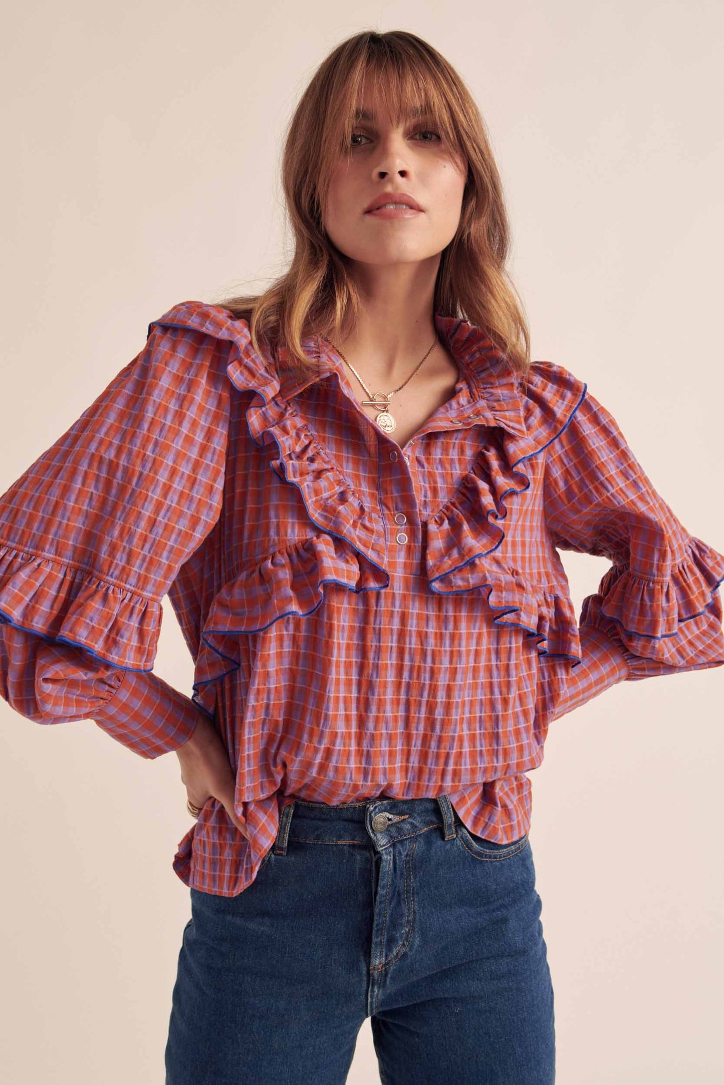 Amelia orange and purple gingham blouse