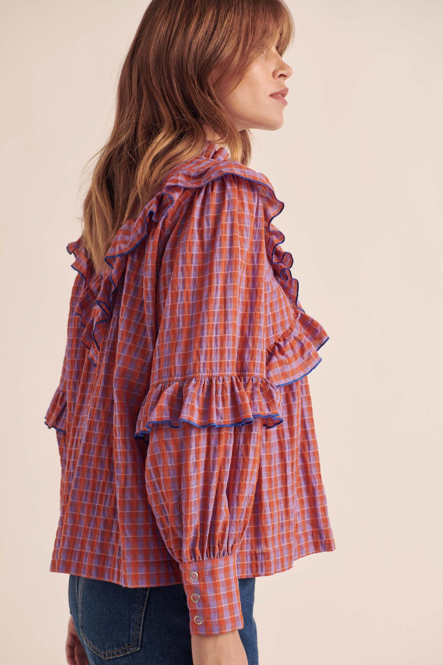 Amelia orange and purple gingham blouse