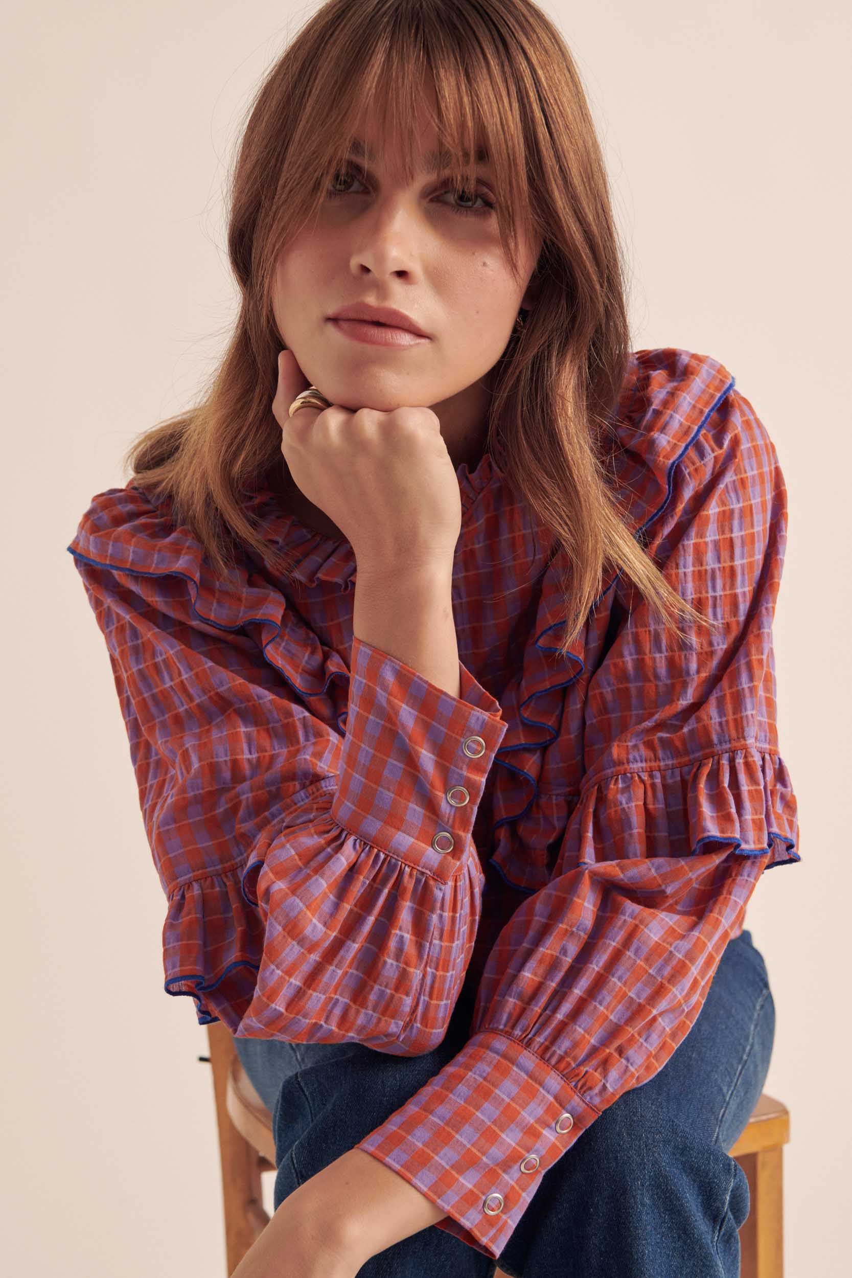 Blouse Amelia gingham orange and purple