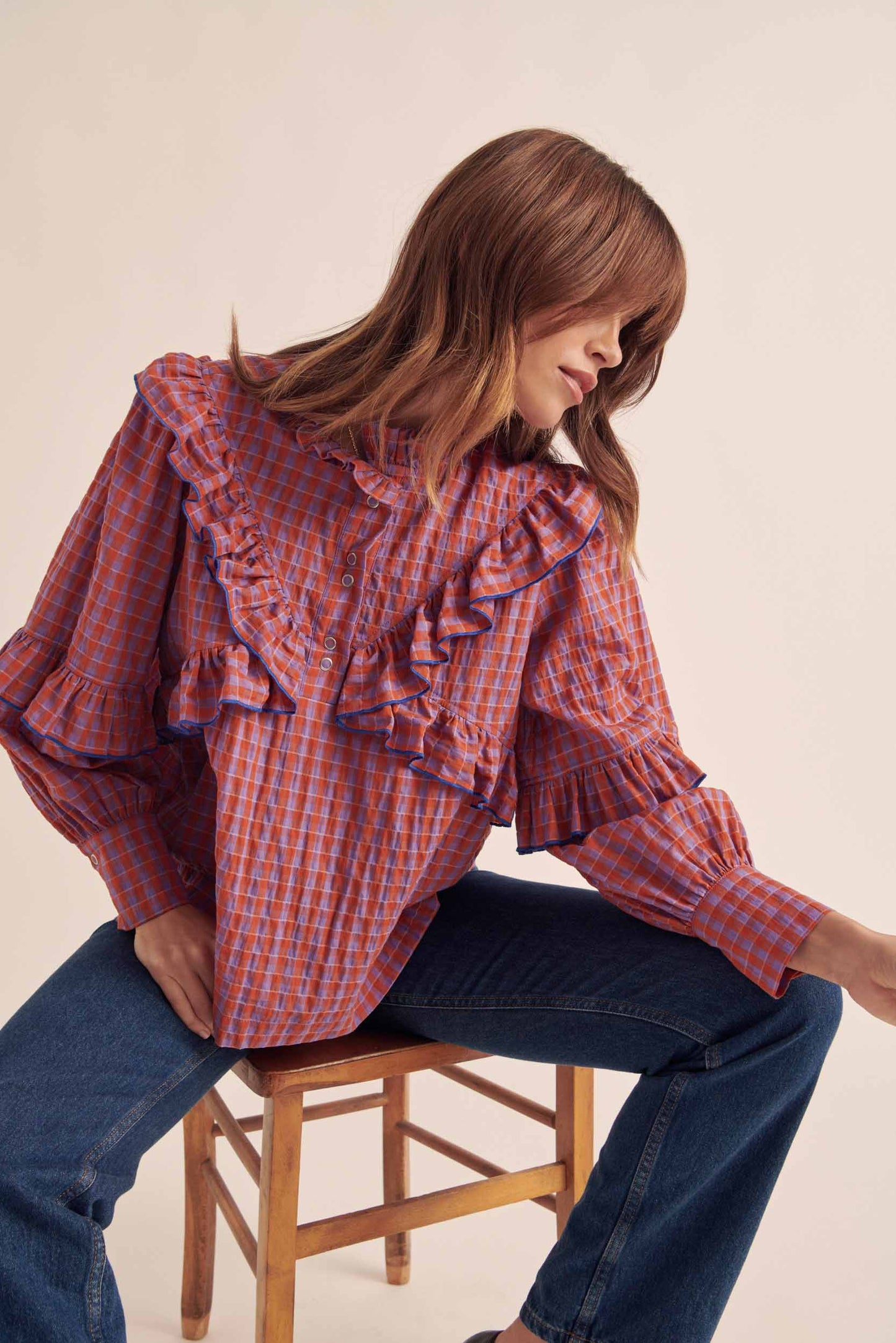 Amelia orange and purple gingham blouse