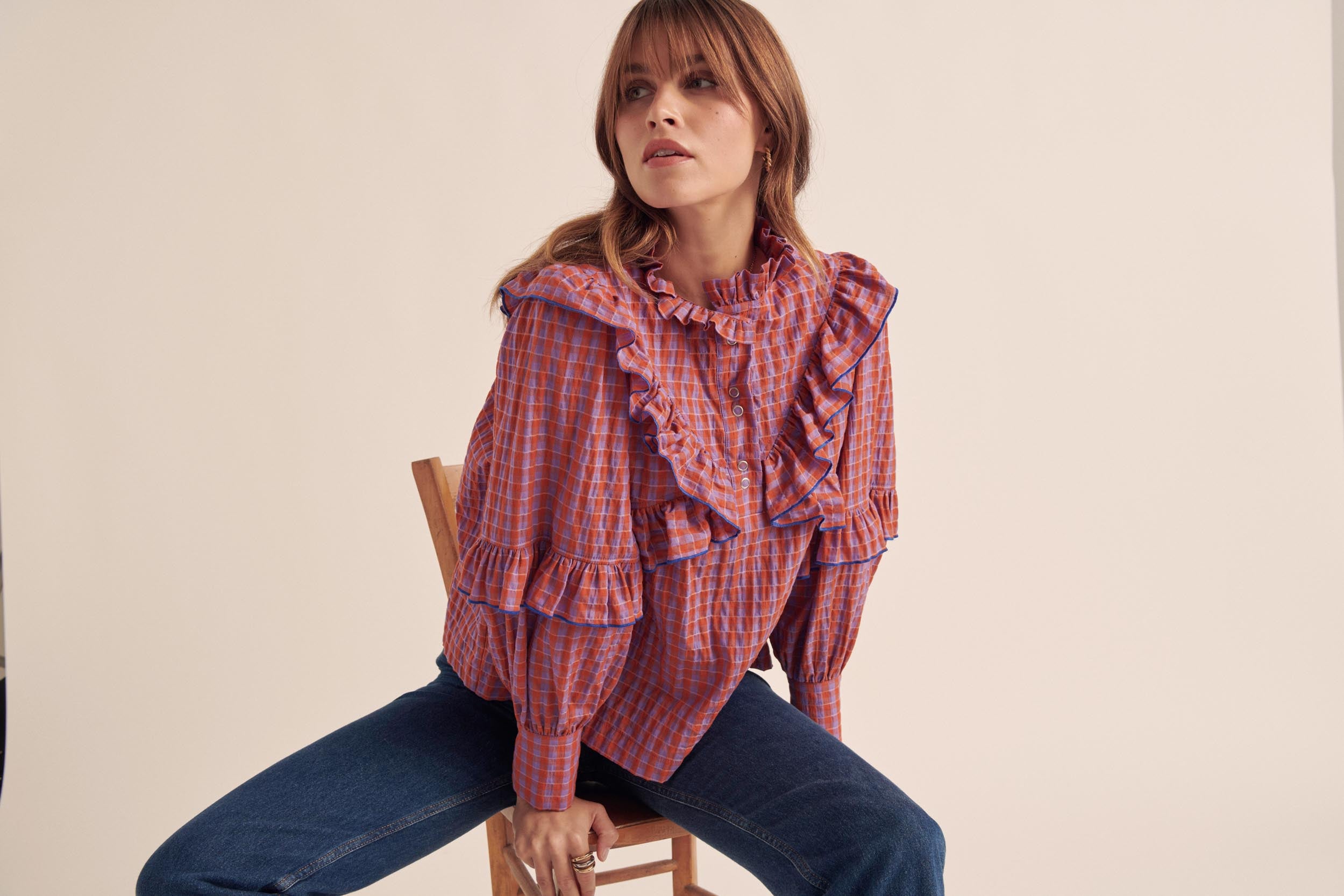 Blouse Amelia gingham orange and purple